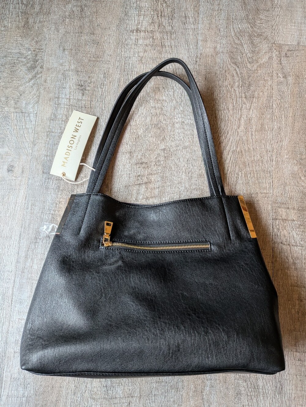 Madison West Black Vegan Leather Elizabeth 3 Compartment Shoulder Bag Purse NWT
